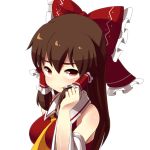  ascot bare_shoulders between_breasts blueberry_(5959) bow breasts brown_eyes brown_hair bust collar detached_sleeves face frills hair_bow hair_tubes hakurei_reimu holding_hair long_hair looking_at_viewer miko red_eyes simple_background smile solo touhou white_background 