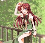  bad_hands bad_id blue_eyes braid chinese_clothes hat hong_meiling long_hair nekosugiayana red_hair redhead solo touhou twin_braids wink 