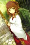  bamboo bamboo_forest broom brown_eyes brown_hair forest hair_ornament hairclip hakama highres japanese_clothes long_hair looking_at_viewer miko nature original shirabi shirabi_(life-is-free) side_ponytail smile solo 