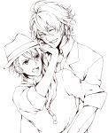  annoyed gamu hat hug hug_from_behind kurusu_shou monochrome multiple_boys shinomiya_natsuki uta_no_prince-sama 