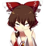  blueberry_(5959) bow brown_hair detached_sleeves face hair_bow hair_tubes hakurei_reimu hands miko nose_picking red_eyes simple_background solo touhou white_background 