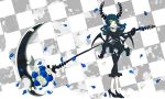  black_rock_shooter checkered checkered_background choker dead_master flower green_eyes high_heels highres horns inaba_taiju petals rose scythe shoes solo wings 