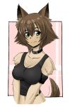  1girl animal_ears artist_request breasts brown_hair bust collar dog_ears dog_tail fang fur green_eyes monster_girl monster_musume_no_iru_nichijou navel polt smile solo tail tail_wagging 
