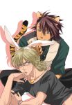  animal_ears bad_id barnaby_brooks_jr biting blonde_hair brown_eyes brown_hair bunny_ears facial_hair fang glasses green_eyes kaburagi_t_kotetsu kamina_kamina kemonomimi_mode multiple_boys necktie short_hair stubble t-shirt tail tiger_&amp;_bunny tiger_ears tiger_tail vest waistcoat 