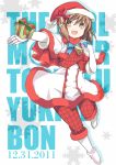  bell boots bow brown_eyes brown_hair hagiwara_yukiho hat idolmaster omega.ep open_mouth pantyhose santa_costume santa_hat short_hair smile solo wink 