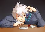  1girl ashtray bow brand_name_imitation cellphone cellphone_strap chibi cigarette grey_hair hair_bow headphones honne_dell magu_(mugsfc) marlboro phone ponytail red_eyes smoking vocaloid voyakiloid yowane_haku 