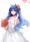  alternate_costume arm_up bare_shoulders belt blue_hair bouquet dress flower food fruit hair_ornament hand_in_hair highres hinanawi_tenshi jewelry long_hair no_hat no_headwear peach petals ramble12 red_eyes red_rose ring rose solo touhou wedding_dress wrist_ribbon 