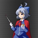  ahoge alternate_costume alternate_eye_color alternate_hairstyle arms_up ascot baton_(instrument) be_(o-hoho) blue_hair bow cirno cosplay emblem gloves grey_background gyakuten_kenji gyakuten_saiban hair_bow ichiyanagi_yumihiko ichiyanagi_yumihiko_(cosplay) jacket jacket_on_shoulders long_sleeves outline parody purple_eyes short_hair skirt smile smug solo striped striped_background style_parody touhou violet_eyes white_gloves 