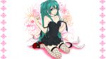  bad_id blue_eyes fishnet_legwear fishnet_stockings fishnets green_hair hatsune_miku karu_(666) legwear long_hair smile solo thigh-highs thighhighs undone very_long_hair vocaloid 