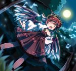  animal_ears bow chaba_(hortensia) dress full_moon hand_on_own_chest hat moon musical_note mystia_lorelei pink_hair short_hair singing solo standing touhou tree wings 