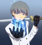  alternate_costume card gloves grey_eyes grey_hair male narukami_yuu persona persona_4 rishiya scarf short_hair solo sword weapon 