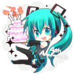  aqua_eyes aqua_hair birthday cake chibi detached_sleeves food hatsune_miku looking_at_viewer nigo open_mouth skirt smile solo sparkle thigh-highs thighhighs twintails vocaloid 