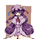  angry arms_behind_back crescent cyokoko dress hair_ribbon hat long_hair open_mouth patchouli_knowledge purple_eyes purple_hair ribbon sitting solo touhou very_long_hair violet_eyes wariza 