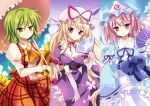  blonde_hair breasts butterfly choker cleavage dress elbow_gloves fan flower folding_fan gloves green_hair hair_ribbon hat japanese_clothes kazami_yuuka long_hair mayo_(miyusa) multiple_girls petals pink_eyes pink_hair purple_eyes red_eyes ribbon saigyouji_yuyuko smile sunflower touhou umbrella very_long_hair violet_eyes yakumo_yukari youkai 