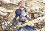  ahoge armor armored_dress bad_anatomy bad_proportions battlefield blonde_hair caliburn dress fate/stay_night fate/zero fate_(series) field_of_blades green_eyes hair_ribbon ribbon ripu ripu_(vincecarter) saber serious solo sword weapon 