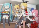  4girls apple apron aqua_eyes aqua_hair banana blonde_hair detached_sleeves food fruit hair_ornament hair_ribbon hairband hairclip hatsune_miku indoors kagamine_len kagamine_rin kaito kitchen long_hair meiko multiple_boys multiple_girls orange panties ribbon short_hair shorts skirt skirt_lift smile striped striped_panties tadahama thigh-highs thighhighs twintails underwear vocaloid 