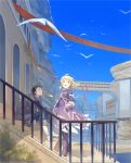  1girl alvin_(tales_of_xillia) bird blonde_hair elise_lutus green_eyes looking_up open_mouth sarai sitting sky stairs tales_of_(series) tales_of_xillia wind 