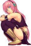 and aqua_eyes boots headphones leg_hug long_hair looking_at_viewer megurine_luka panties pink_hair simple_background skirt solo squatting thigh-highs thighhighs underwear vocaloid 