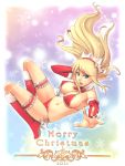  adam700403 bikini blonde_hair blue_eyes boots breasts bridal_gauntlets christmas elf erect_nipples foreshortening hat highres janna_windforce large_breasts league_of_legends long_hair looking_at_viewer open_mouth pointy_ears santa_boots santa_hat shiny shiny_skin side-tie_bikini solo strap_gap swimsuit 