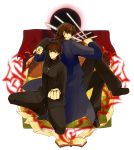  black_keys brown_eyes brown_hair cassock command_spell cross dual_persona eyebrows fate/zero fate_(series) fighting_stance flat_gaze highres kotomine_kirei male multiple_boys nekoyamiyako throwing_knife trench_coat weapon young 
