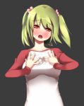  blush breasts flower green_hair hair_flower hair_ornament hands_on_own_chest open_mouth original raglan_sleeves red_eyes short_hair simple_background solo soo tears twintails 