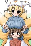  :3 akou_roushi alternate_costume animal_ears blonde_hair blush breast_rest breasts breasts_on_head brown_eyes brown_hair cat_ears chen child ear_grab earrings fox_tail hat jewelry large_breasts multiple_girls multiple_tails open_mouth ribbed_sweater short_hair smile sweater tail touhou yakumo_ran yellow_eyes 