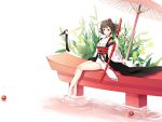  alternate_costume bare_legs barefoot bird black_hair brown_hair camellia_(flower) crane_(animal) detached_sleeves feet_in_water flower grass hat holding japanese_clothes katana kourindou_tengu_costume no_wings obi oriental_umbrella plant red_eyes scabbard shameimaru_aya sheath sheathed short_hair sitting sitting_on_torii smile soaking_feet solo sword tokin_hat torii touhou umbrella watase-ya water weapon wide_sleeves 