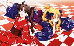  absurdres barefoot blonde_hair blue_eyes bow brown_hair drill_hair fate/hollow_ataraxia fate/stay_night fate_(series) hair_bow highres japanese_clothes kimono luvia_zeritta_edelfelt luviagelita_edelfelt multiple_girls obi ringlets takeuchi_takashi tohsaka_rin toosaka_rin two_side_up type-moon yukata 