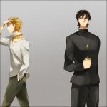 amakura_(am_as) blonde_hair brown_hair cross fate/stay_night fate/zero fate_(series) flower gilgamesh grey_background jewelry kotomine_kirei male multiple_boys necklace 