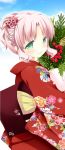  copyright_request floral_print green_eyes hair_ornament japanese_clothes kimono natsume_eri new_year pink_hair smile solo 