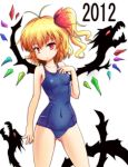  2012 :o alternate_wings blonde_hair dragon flandre_scarlet hair_ribbon hat head_tilt navel new_year one-piece_swimsuit red_eyes ribbon school_swimsuit short_hair side_ponytail solo sumapan swimsuit the_embodiment_of_scarlet_devil touhou transparent_background wings 
