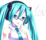  :p aqua_eyes aqua_hair bare_shoulders bespectacled face glasses hatsune_miku headphones long_hair looking_at_viewer mochisuke_teru necktie simple_background smile solo thought_bubble tongue twintails vocaloid vocaloid_(lat-type_ver) 