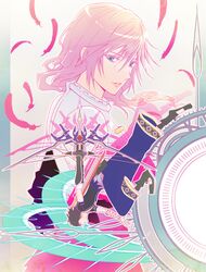  1girl amatari_sukuzakki blue_eyes bow_(weapon) brown_hair feathers final_fantasy final_fantasy_xiii final_fantasy_xiii-2 highres lightning_farron long_hair noel_kreiss pink_hair sword weapon 