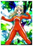  1girl arai_kojiro blonde_hair border breasts female fighting_stance fist genderswap green_eyes highres large_breasts long_hair open_mouth personification solo tokusatsu ultra_series ultra_seven ultra_seven_(series) windowboxed 