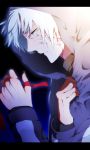  fate/zero fate_(series) glowing hand_on_own_chest hoodie letterboxed male matou_kariya outline outlined profile ribbon usagiumi white_hair 