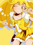  blonde_hair cure_blue_(aoryu) cure_peace dress highres kise_yayoi long_hair magical_girl precure shorts_under_skirt skirt smile_precure! solo v v_over_eye wink yellow yellow_dress yellow_eyes 