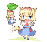  alice_margatroid animal_ears blonde_hair blue_eyes bow cat_ears cat_tail chibi dress floating hair_bow hairband heart kemonomimi_mode leaf pac-man_eyes shanghai_doll short_hair solid_circle_eyes solo tail touhou umi_suzume 