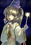  chagen_kokimu colored fireworks grey_eyes hat highres holding holding_hair japanese_clothes mononobe_no_futo night night_sky open_mouth ponytail sdmaiden short_hair silver_eyes silver_hair sketch skirt sky smile solo sparkler star_(sky) starry_sky tate_eboshi touhou wide_sleeves 