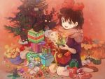  black_cat bow brown_hair candy_cane cat christmas christmas_tree gift grey_eyes hair_bow jiji_(character) jiji_(majo_no_takkyuubin) kiki kneeling majo_no_takkyuubin merry_christmas red_background saya_(mychristian2) scarf shoes short_hair sitting smile snowflakes solo studio_ghibli white_cat 