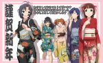  :d ahoge amami_haruka antenna_hair barefoot black_hair blue_eyes blue_hair brown_hair closed_eyes facepaint fang floral_print furisode ganaha_hibiki green_eyes grey_eyes highres idolmaster idolmaster_2 iyakun japanese_clothes kikuchi_makoto kimono kisaragi_chihaya multiple_girls new_year obi open_mouth orange_hair paintbrush short_hair smile takatsuki_yayoi tasuki twintails yukata 