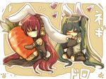 animal_ears bad_id boots bunny_ears carrot chibi closed_eyes detached_sleeves eating eyes_closed hatsune_miku heart long_hair megurine_luka multiple_girls necktie sitting skirt twintails very_long_hair vocaloid yuuyu_(777) 