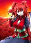  alternate_color belt breasts cleavage coin flower_field gauntlets hair_bobbles hair_ornament lips mattari_yufi onozuka_komachi red_eyes red_hair red_sky redhead scythe shirt skirt sky smile solo touhou twintails 