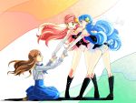 blue_hair boots brown_hair hair_ornament hand_holding holding_hands isora_hibari kneeling leotard long_hair long_legs mawaru_penguindrum multiple_girls red_hair redhead skirt takakura_himari utada_hikari yellow_eyes yuzuru86