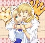  1girl ahoge blonde_hair blue_eyes character_name couple english fate/stay_night fate_(series) gilgamesh heart heart_hands heart_hands_duo hug hug_from_behind jewelry necklace open_mouth red_eyes saber short_hair shuryougospel13 smile 