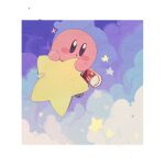 bandaid blue_background blush_stickers border clouds commentary_request flying full_body higa423 kirby kirby_(series) red_footwear shoes sneakers star_(symbol) warp_star white_border