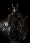  bad_id black_knight_(dark_souls) co2 dark_souls full_armor helmet highres horns knight shield solo sword weapon 