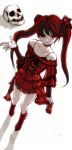  bare_shoulders boots choker dress flat_chest from_above gothic gothic_lolita hair_over_one_eye hair_ribbon lolita_fashion long_hair long_sleeves original pale_skin red red_dress red_eyes red_hair redhead ribbon ringed_eyes shadow sheep_(yangdor) skull spaghetti_strap twintails 