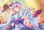  alternate_costume bare_shoulders breasts detached_sleeves error fan flower folding_fan ghost hat japanese_clothes obi open_mouth petals pink_eyes pink_hair rion_hibari saigyouji_yuyuko short_hair smile solo touhou triangular_headpiece 