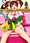  1girl bare_shoulders bell brown_eyes brown_hair choker gift hair_bell hair_ornament jack-in-the-box ling_xiaoyu namco panda_bear panties pantyshot santa_costume short_twintails sitting solo strap stuffed_animal stuffed_toy surprised tears tekken twintails underwear white_panties 