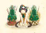  animal_ears bamboo brown_eyes brown_hair cat_ears cat_tail catmata_inutarou chen child food fruit highres kadomatsu mandarin_orange mikan multiple_tails new_year object_on_head sitting smile solo tail touhou v_arms wariza 
